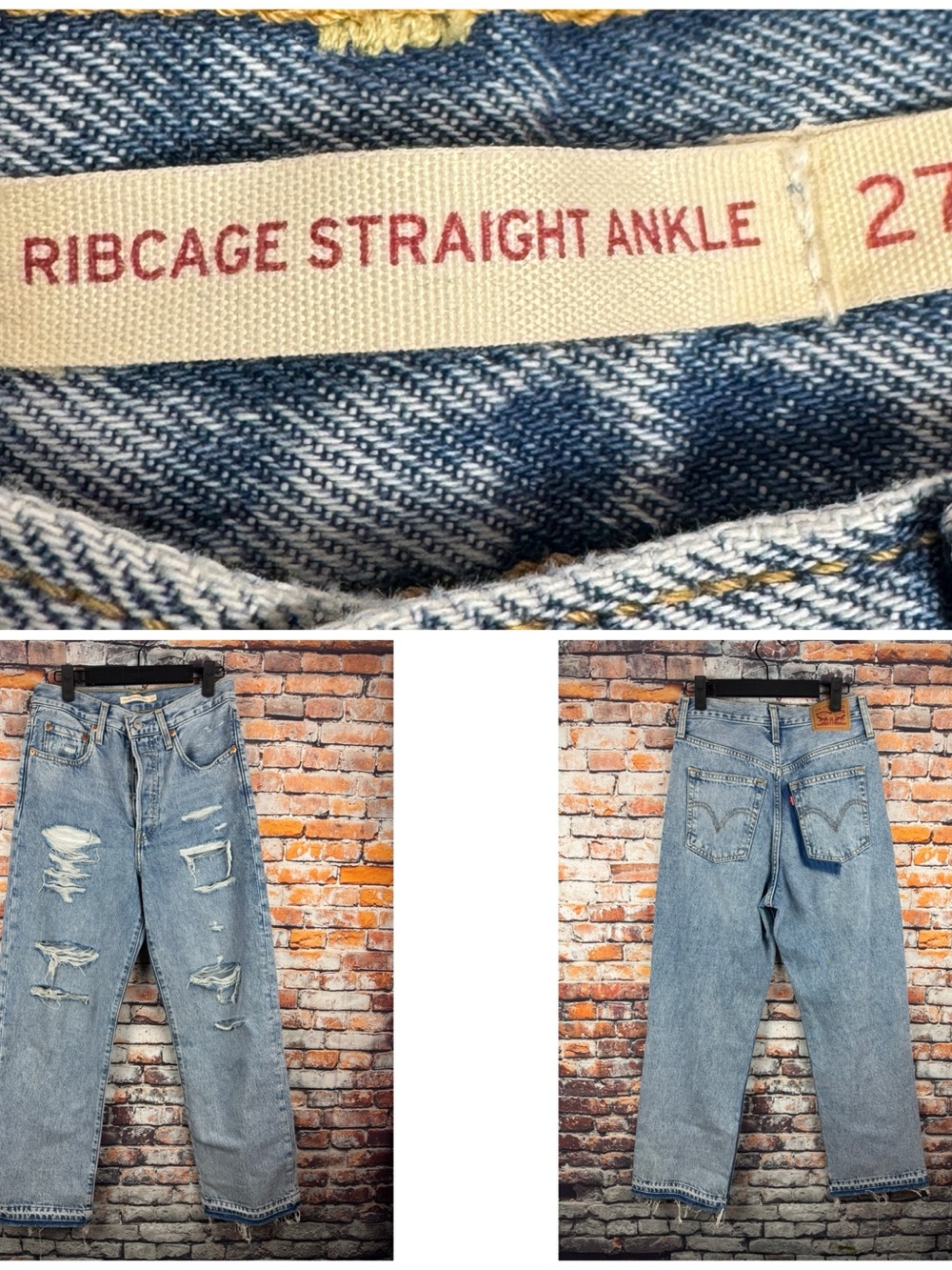 Levi's Women's Ribcage Straight Ankle Destroyed Distressed Blue Jeans 27" x 27"